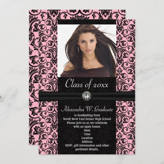 Invitation Elaborate Light Pink w/Black Damask Graduation (Devant / Derrière)