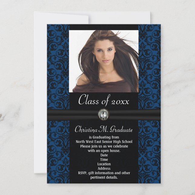Invitation Elaborer Bleu Noir Damas Graduation (Devant)