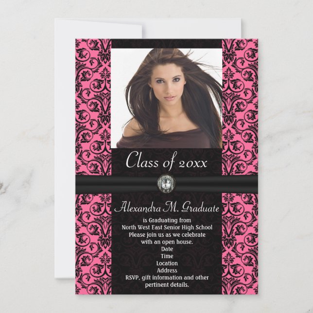Invitation Elaborer Pink Black Damask Graduation (Devant)