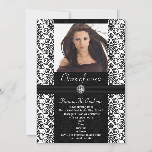 Invitation Elaborer White|Black Damask Graduation (Devant)