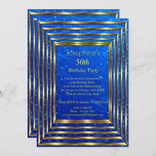 Invitation Electric Blue 50th Birthday Party Gold (Devant / Derrière)