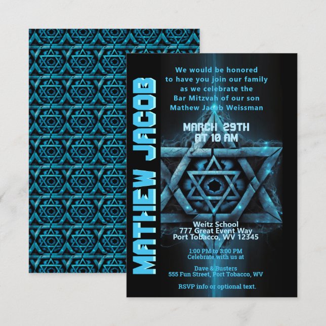 Invitation Electric Blue et Bar Mitzvah (Devant / Derrière)