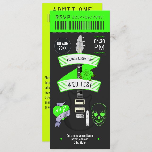 Invitation Electric Lime Rock ’n’ Roll Wedding Ticket (Devant / Derrière)