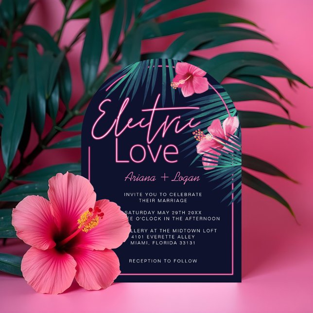 Invitation Electric Love Neon rose Tropical Mariage rétro (Electric Love Neon Pink Tropical Retro Wedding Invitation)
