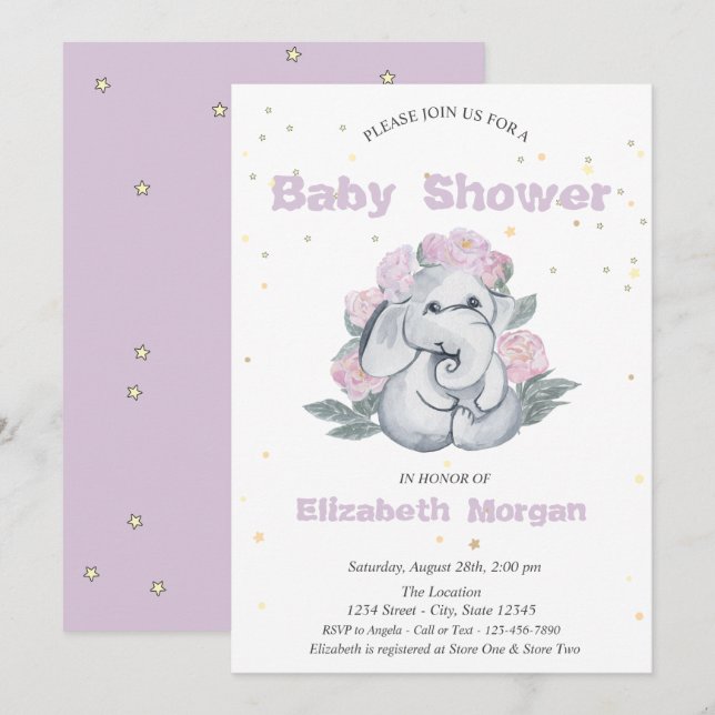 Invitation Éléfant Adorable, Étoiles Fleurs Baby Shower (Devant / Derrière)