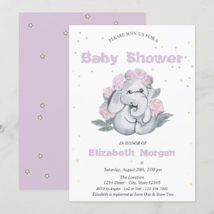 Invitation Éléfant Adorable, Étoiles Fleurs Baby Shower