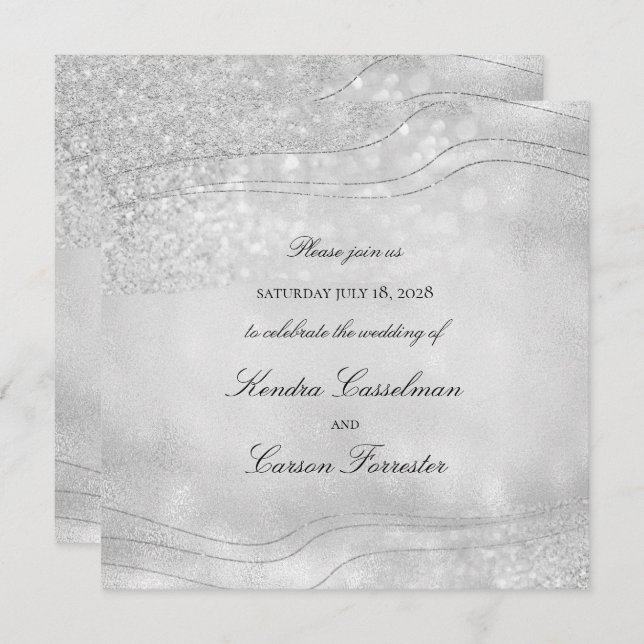 Invitation Élégance Argent Étincelle Carré moderne Mariage (Devant / Derrière)