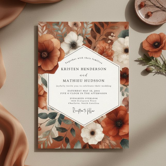 Invitation Élégance Automnale de Mariage aux Fleurs Orange Br (Créateur téléchargé)