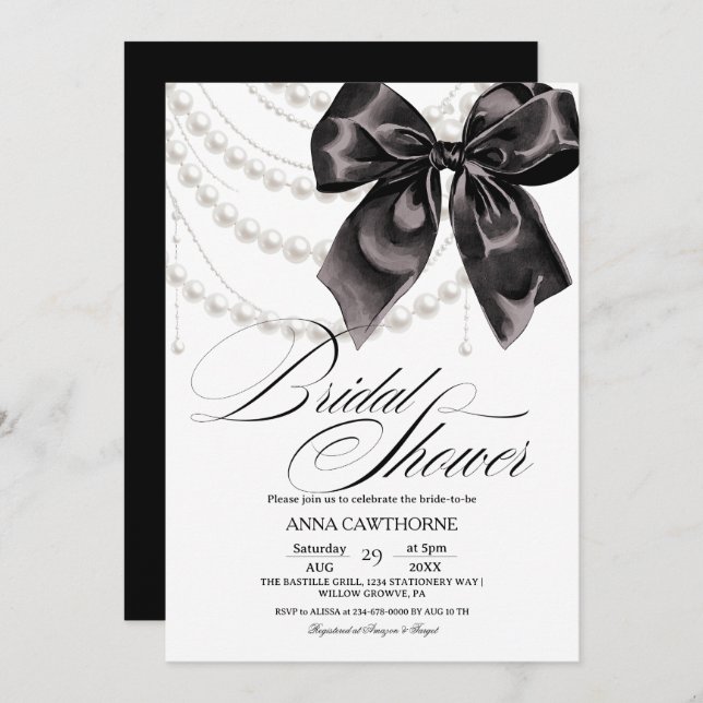 Invitation  Elegance Black Bow Pearls Bridal Shower Acrylic (Devant / Derrière)