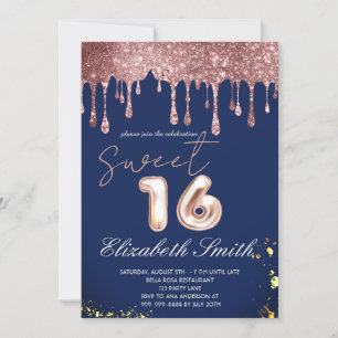 Invitation Elégance bleue, Rose Sweet sixteen de gouttes d'or