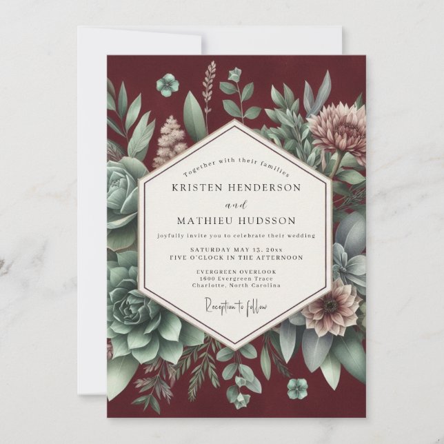 Invitation Élégance Botanique Bourguignonne de Mariage (Devant)