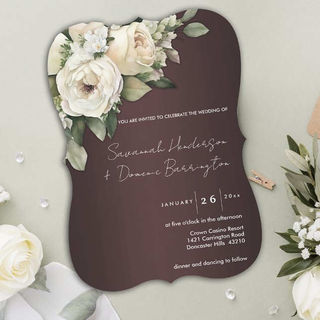 Invitation Élégance Botanique et Roses Blanches Mariage Marsa (Créateur téléchargé)