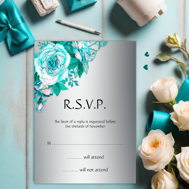 Invitation Élégance botanique Turquoise sur mariage argenté R (Créateur téléchargé)