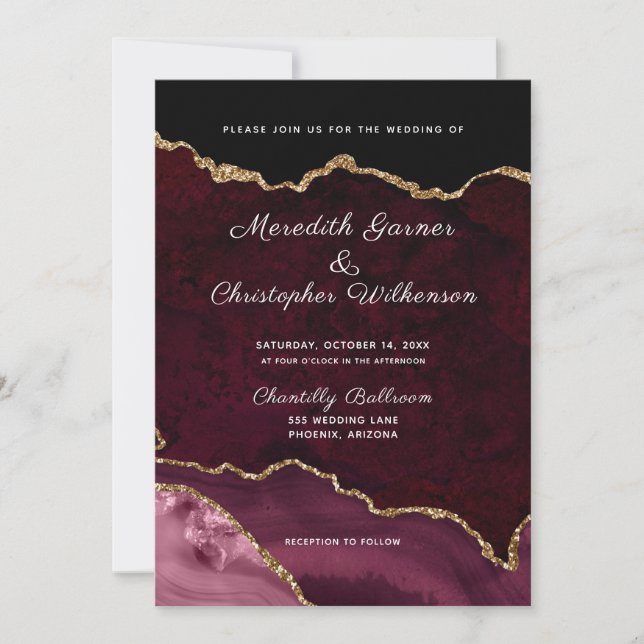 Invitation Élégance Bourgogne Mariage Paillettes Or Agate (Devant)