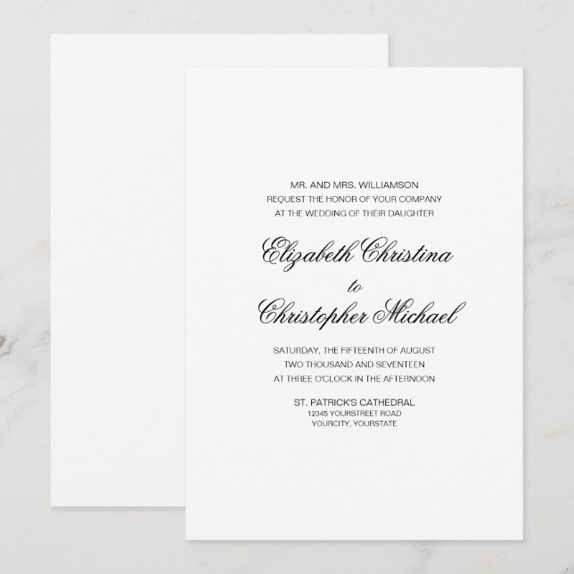 Invitation Élégance Classique Compacte (Pas De Réception) (Devant / Derrière)