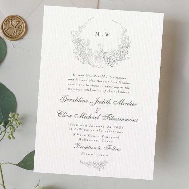 Invitation Élégance classique | Mariage de monogramme de cour (sample showing - Paper finish:
Soft white finish with a subtle ribbed texture)