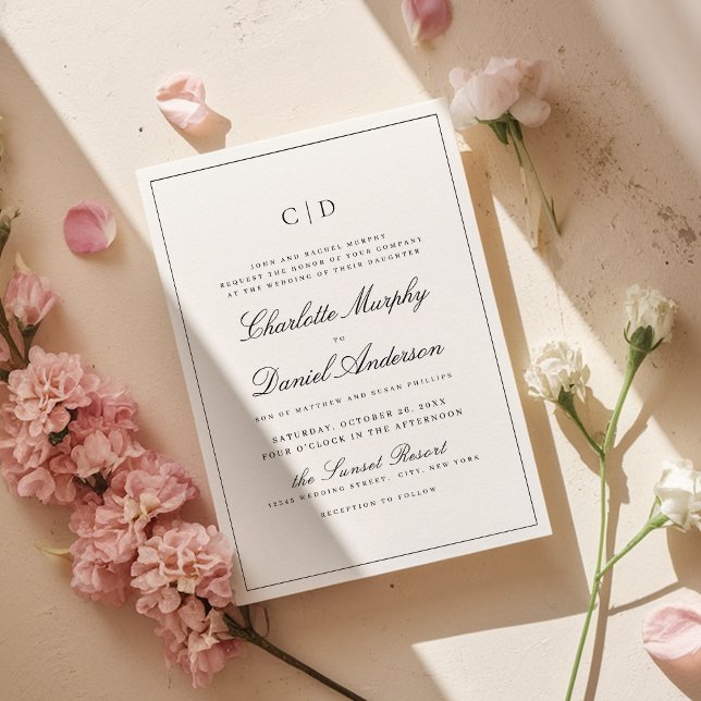 Invitation Élégance classique Script Mariage monogramme minim (Classic Elegance Script Minimal Monogram Wedding Invitation)