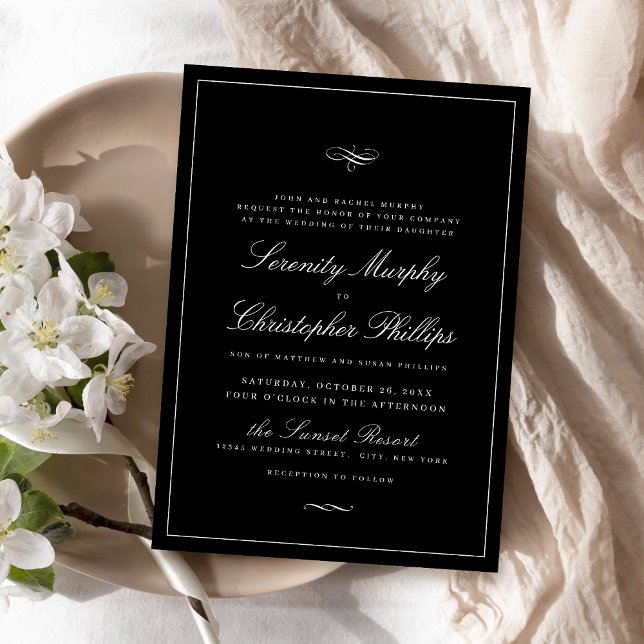 Invitation Élégance Classique Script Mariage noir et blanc (Classic Elegance Script Black And White Wedding Invitation)