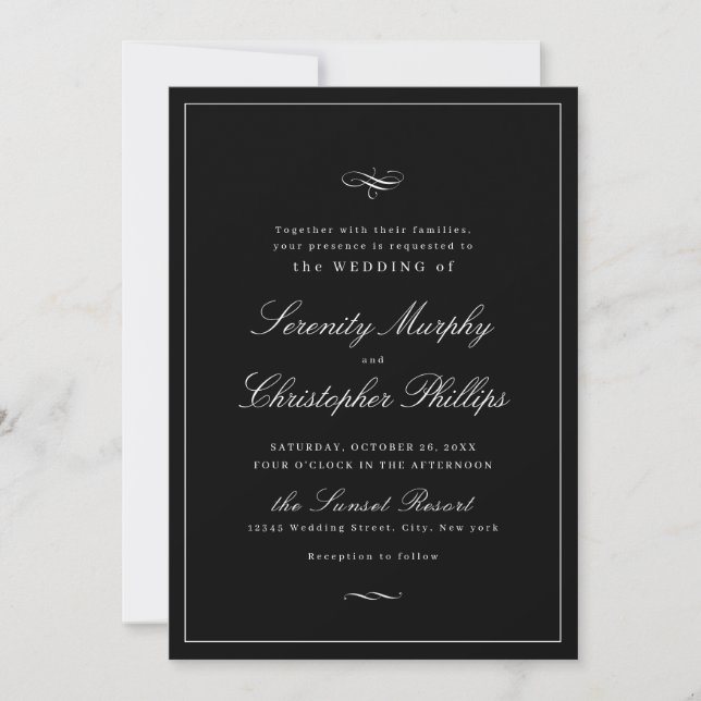 Invitation Élégance Classique Script Mariage noir et blanc da (Devant)