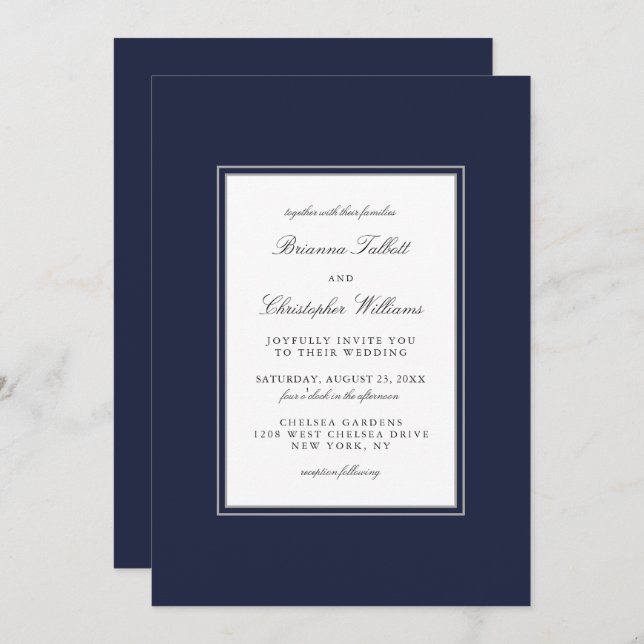 Invitation Élégance classique Simple Mariage bleu marine (Devant / Derrière)