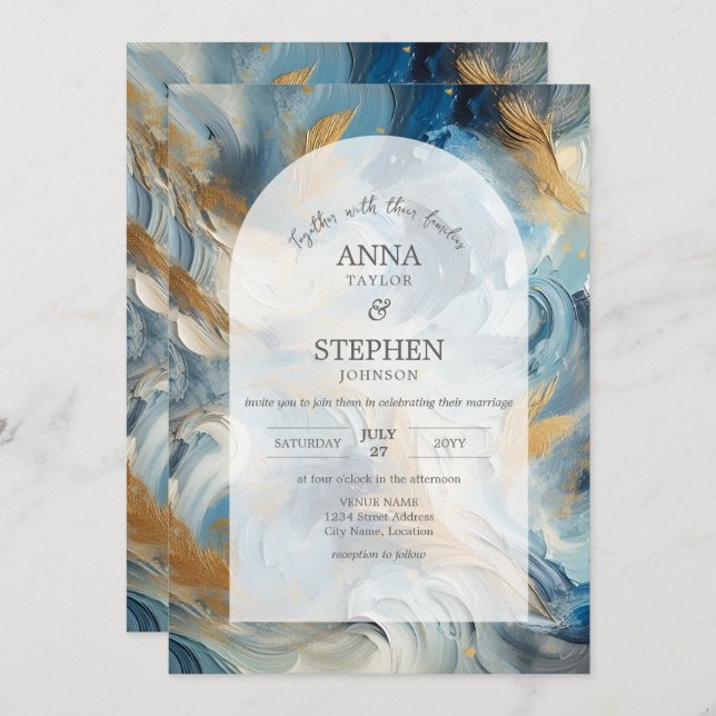 Invitation Élégance contemporaine : Mariage d'or bleu blanc (Devant / Derrière)