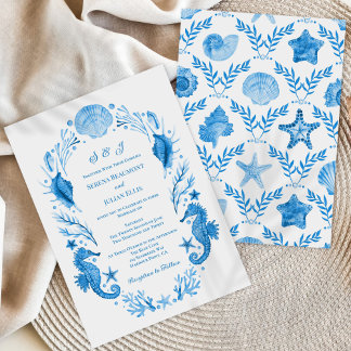 Invitation Élégance Côtière Bleue Mariage Aquarelle Marine