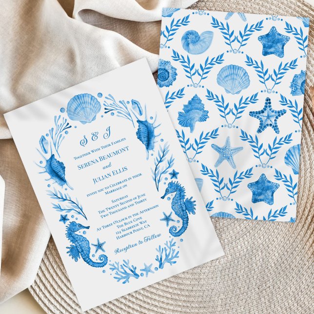 Invitation Élégance Côtière Bleue Mariage Aquarelle Marine (Seaside Elegance Blue Coastal Watercolor Wedding Invitation)