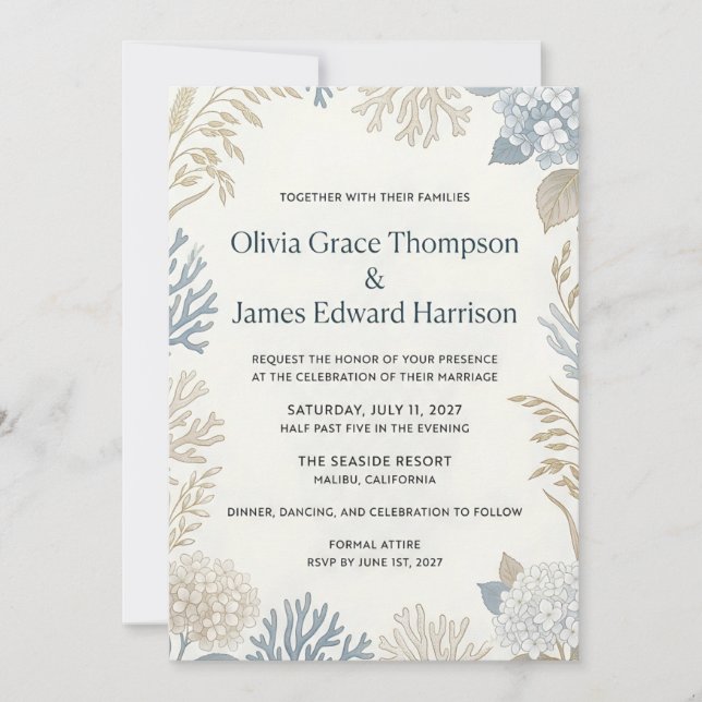 Invitation Élégance Côtière Mariage Botanique et Corail  (Devant)