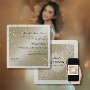 Invitation Elégance Cravate Noire, Quinceanera Crème Champagn