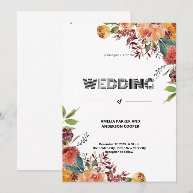 Invitation Élégance dans le Mariage en fleur (Devant / Derrière)
