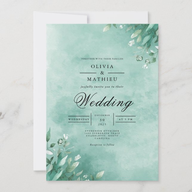 Invitation Élégance de feuille botanique aqua pour mariage (Devant)