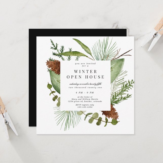 Invitation Élégance de la verdure hivernale Carré Open House (Devant/Arrière en situation)