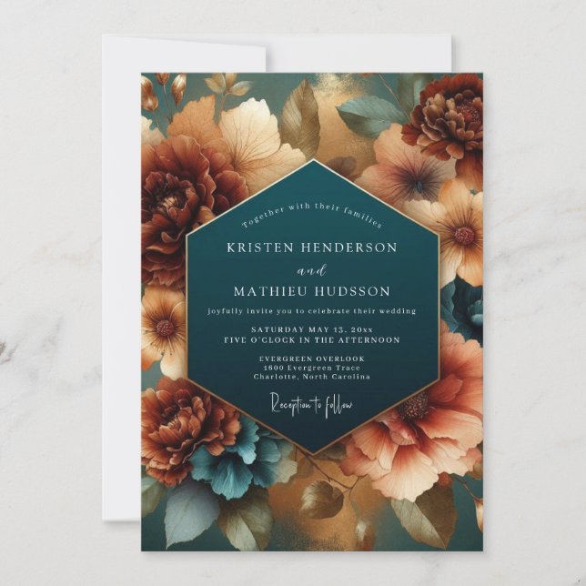 Invitation Élégance de mariage automnal à fleurs sarcelle (Devant)