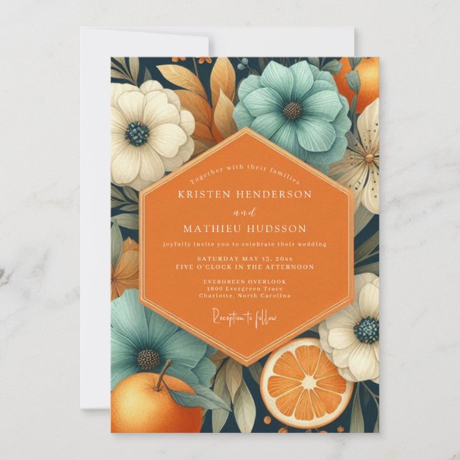 Invitation Élégance de mariage automnal floral sarcelle (Devant)