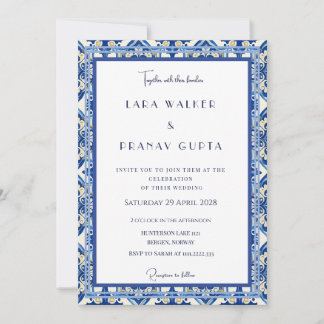 Invitation Élégance de mariage avec carreaux bleus chic
