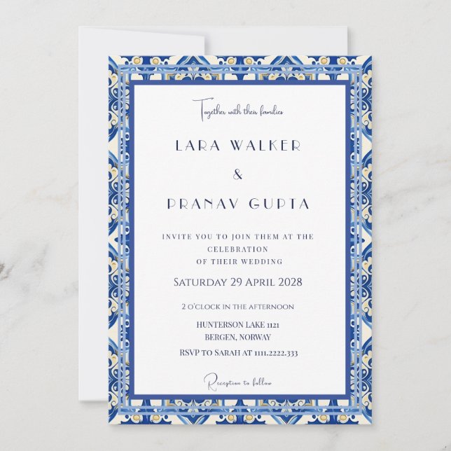Invitation Élégance de mariage avec carreaux bleus chic (Devant)