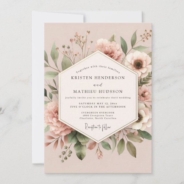 Invitation Élégance de mariage botanique rose tendre (Devant)