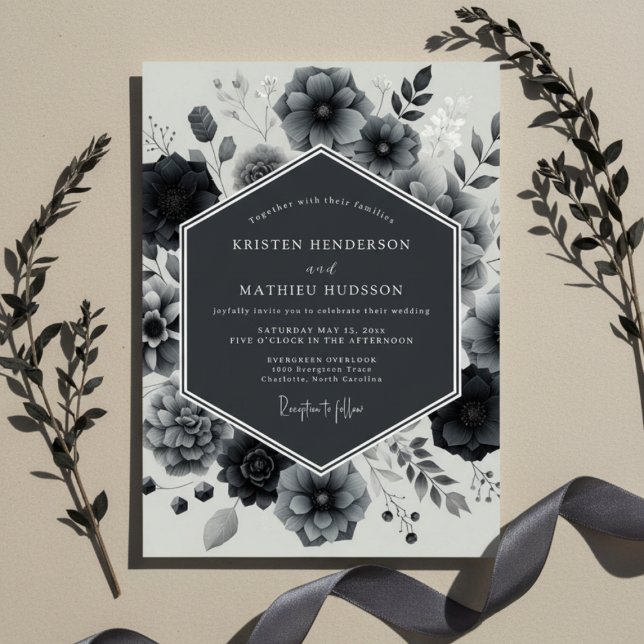 Invitation Élégance de mariage Charcoal Bloom (Créateur téléchargé)