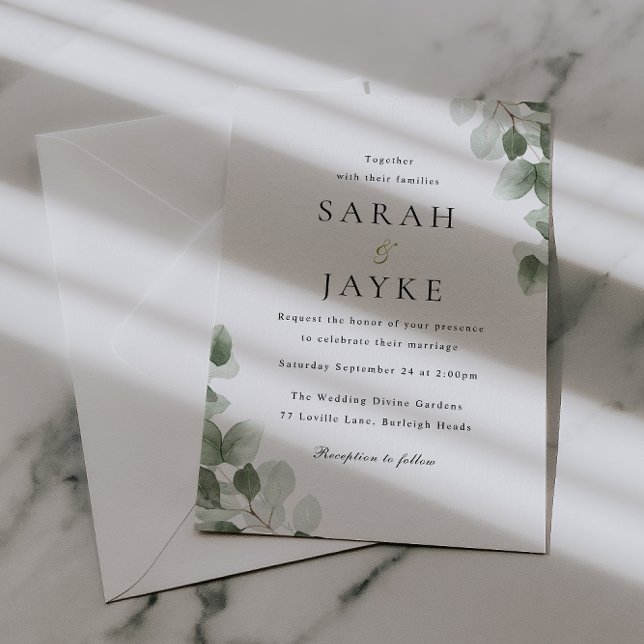 Invitation Élégance de mariage feuille verte aquarelle (Créateur téléchargé)