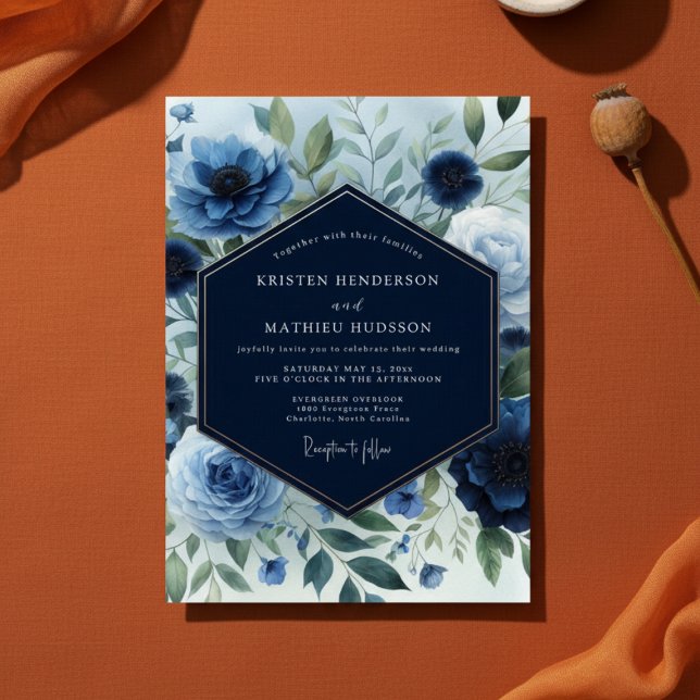 Invitation Élégance de mariage floral bleu marine (Créateur téléchargé)