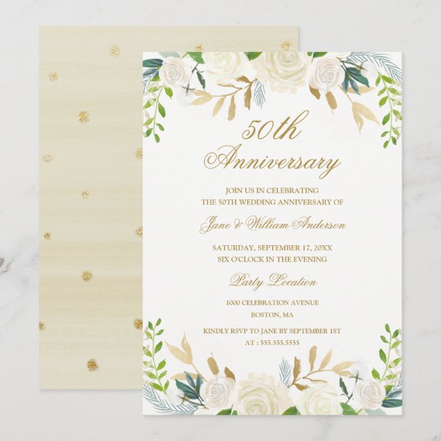Invitation Élégance dorée Fleurs aquarelle Mariage Anniversai (Devant / Derrière)