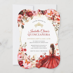 Invitation Élégance Écarlate Or Enchantée Quinceanera Florale
