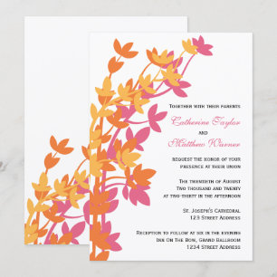 Invitation Élégance Feuillue en Rose Orange Jaune Mariage