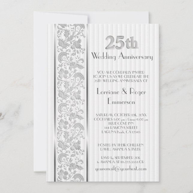 Invitation Élégance Florale Argentée 25e Anniversaire (Devant)