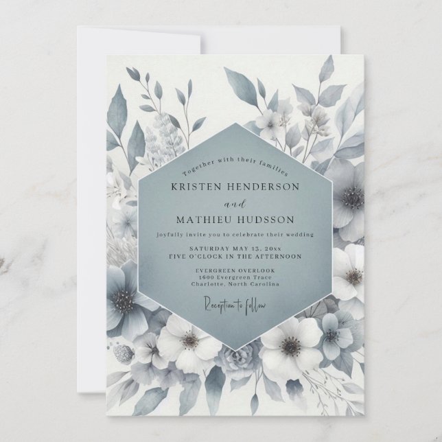 Invitation Élégance Florale Bleu Ardoise pour Mariage (Devant)