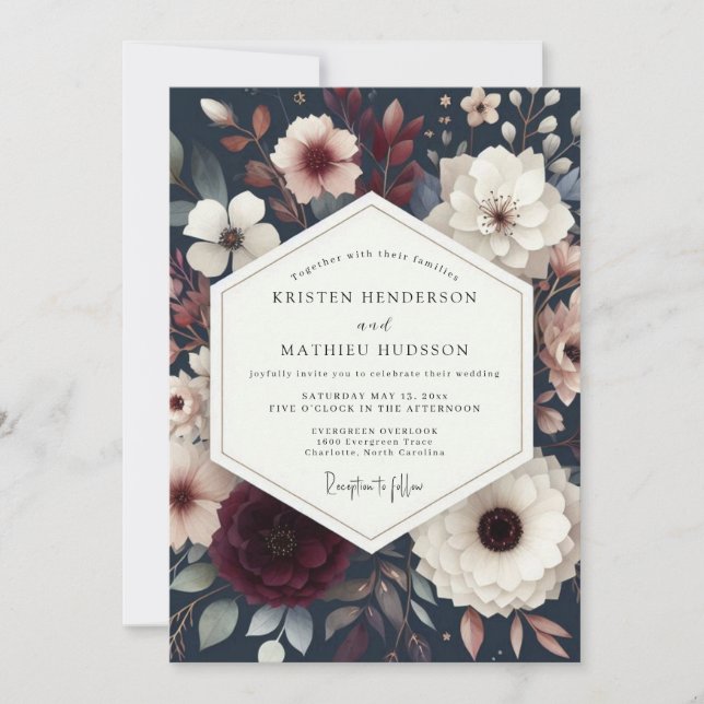 Invitation Élégance florale bleu marine pour mariage (Devant)