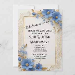 Invitation Élégance Florale Bleue et Or 50e Anniversaire