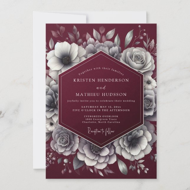 Invitation Élégance Florale Bourguignonne pour un Mariage Som (Devant)