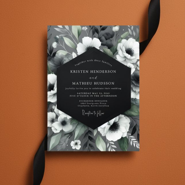 Invitation Élégance florale charbon mariage (Créateur téléchargé)