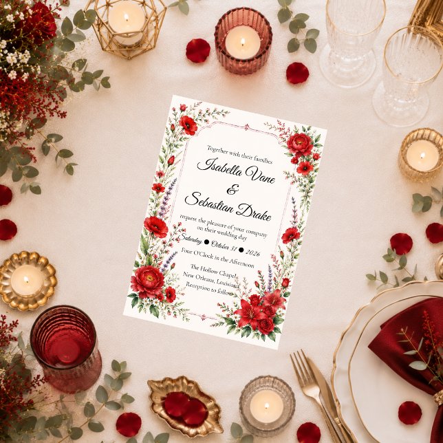 Invitation Élégance florale écarlate romantique de mariage (Créateur téléchargé)